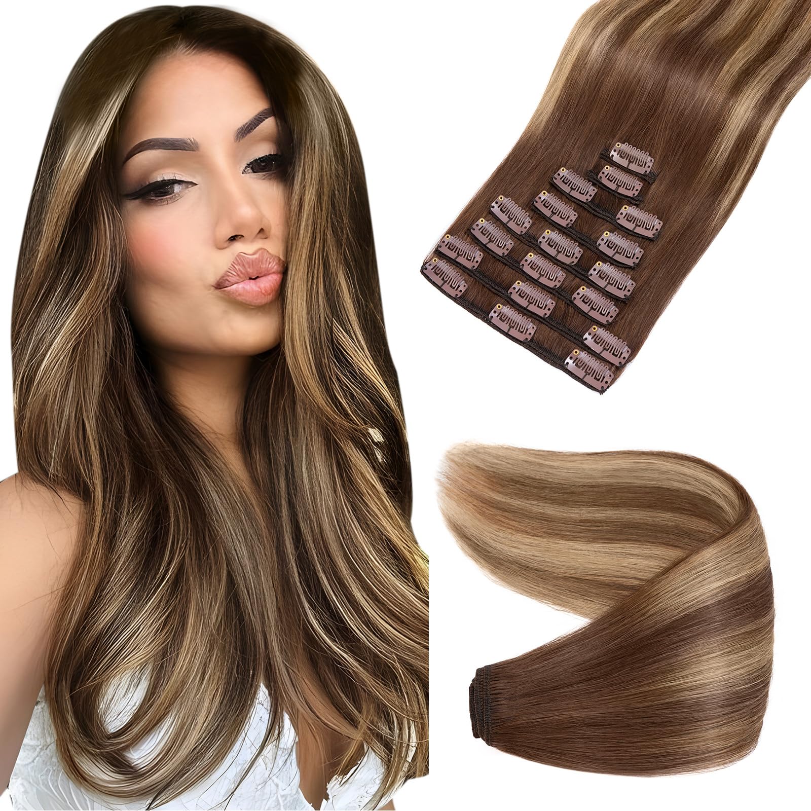 Elailite Clip in Hair Extension Real Human Hair Full Head Short Hair - 100% Remy Hair 8 Pcs Basic Thickness (#Ombre 4/4P27 Midium Brown/Midium Brown Mix Dark Blonde, 10"(50g)) — image 1