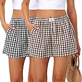 Bonuci 2 Pack Women Boxer Shorts Cotton Y2k Lounge Sleep Gingham Pj Summer Casual Pajama Y2k Beach Bottoms with Pockets