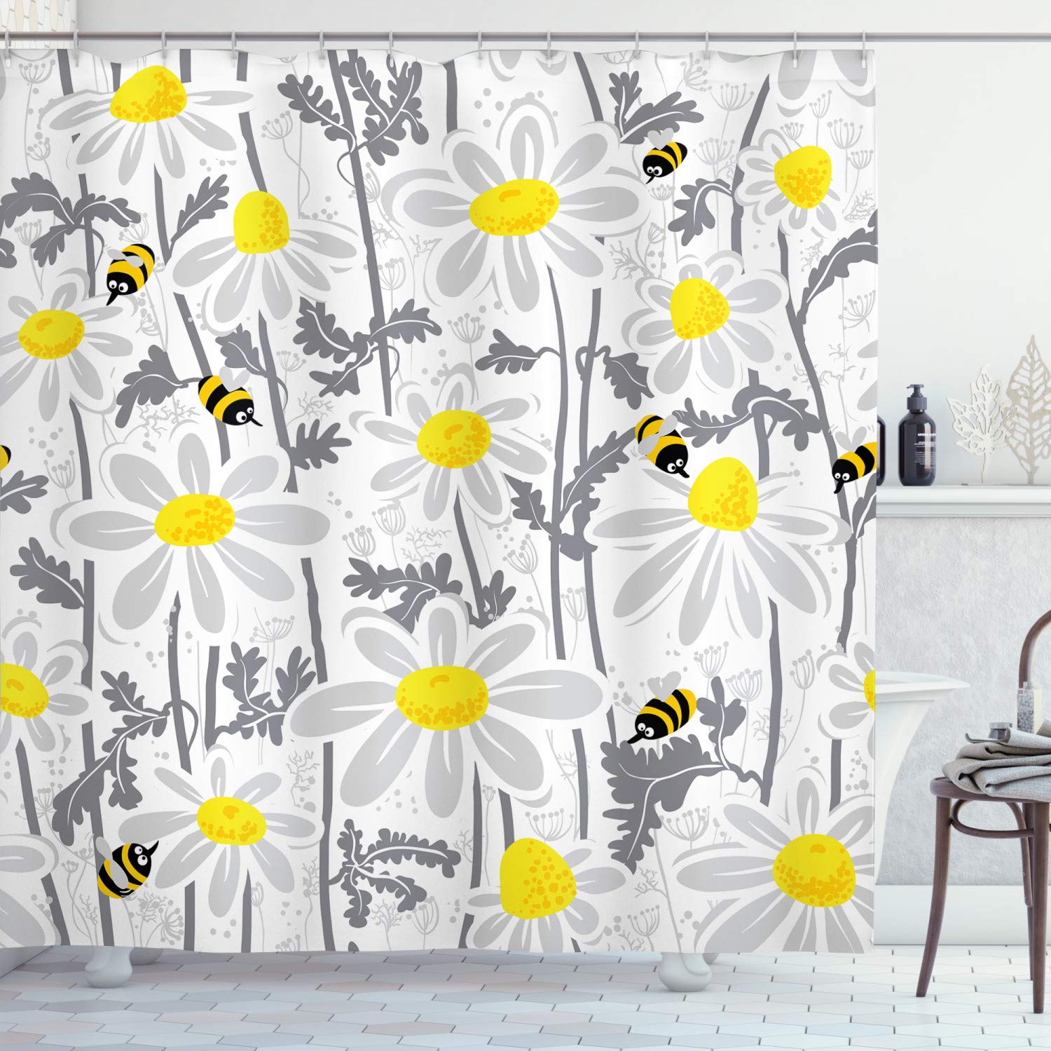 ABAKUHAUS Grey Shower Curtain, Daisy Flowers Bees in Spring Time Honey Petals Floret Nature Purity Blooming, Cloth Fabric Bathroom Decor Set with Hooks, 94 Inches, Yellow White