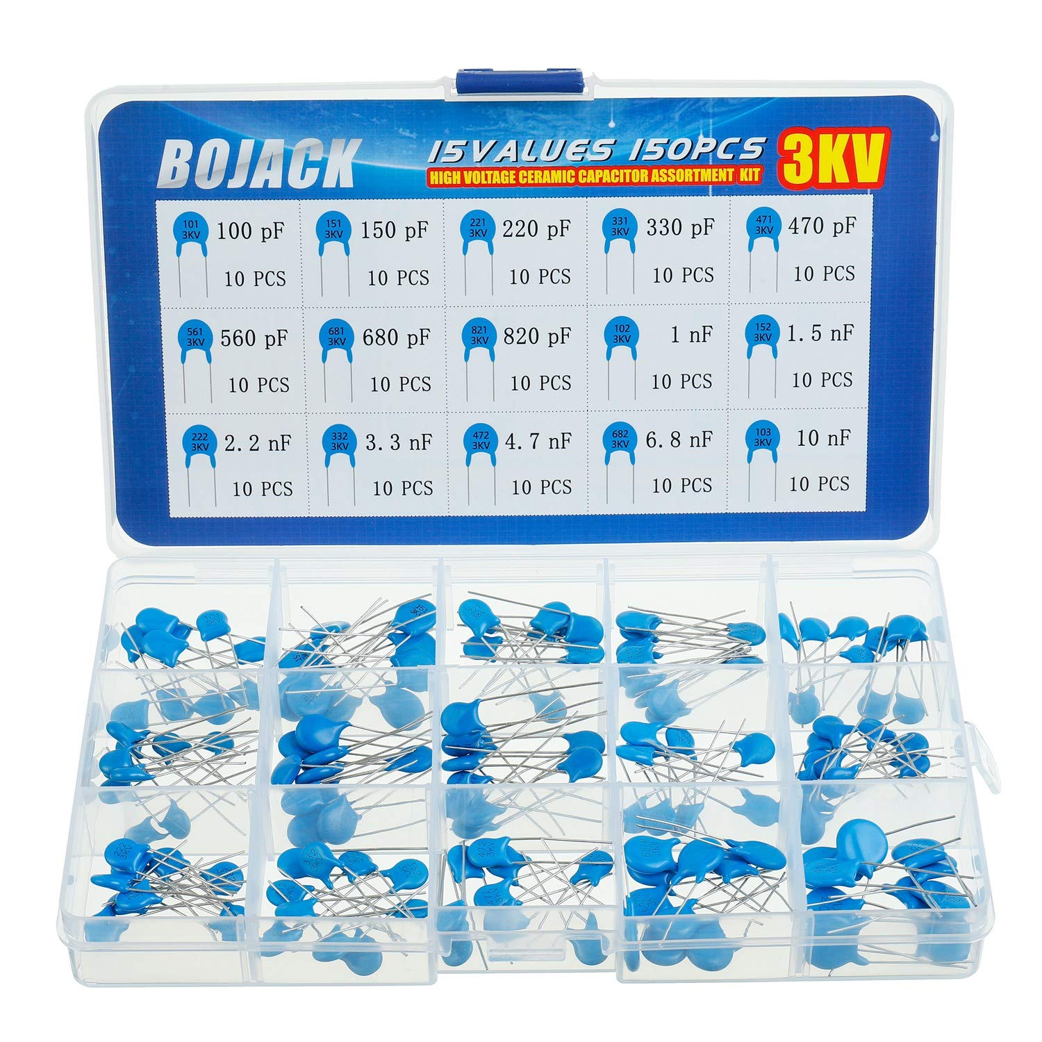 BOJACK 15 Values 150 Pcs 3KV / 100pF to 10nF High Voltage DIP Ceramic Capacitor Assortment Kit