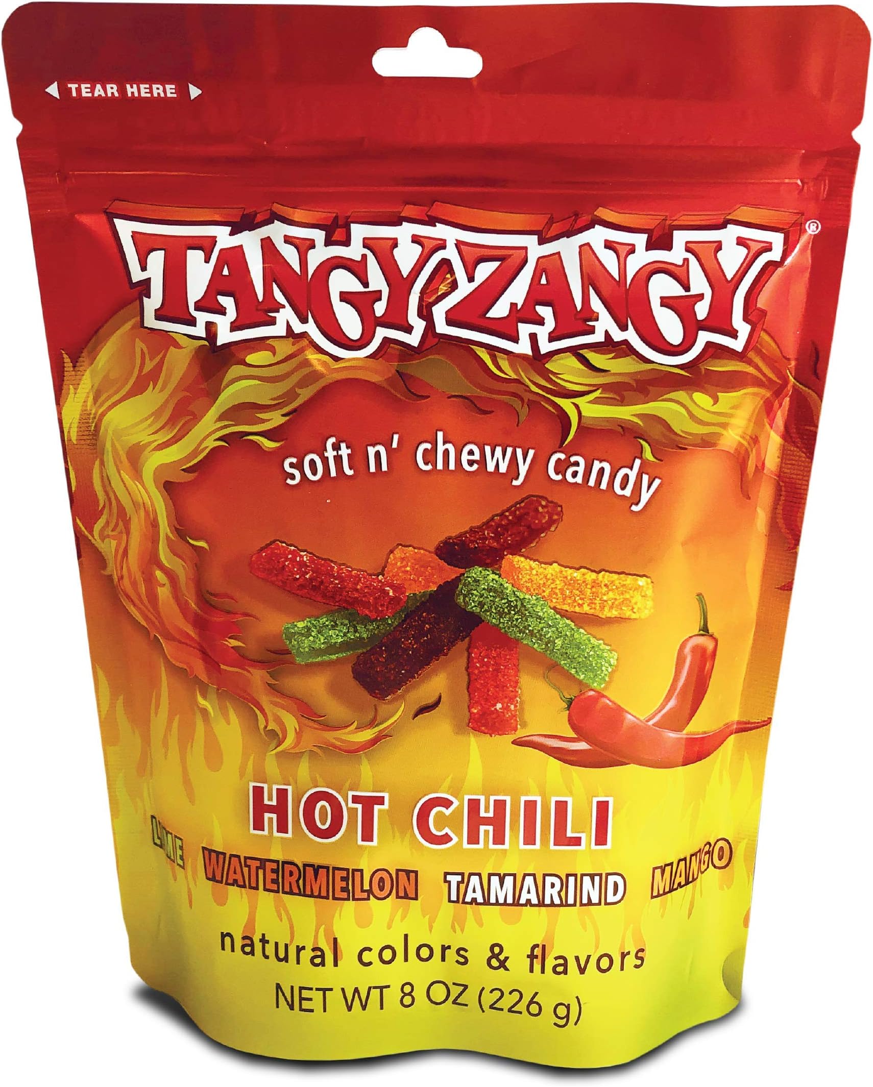TANGY ZANGY Sour Candy | Soft + Chewy Gummies with Natural Colors + Flavors (Hot Chili Chewy Candy | 4 Pack