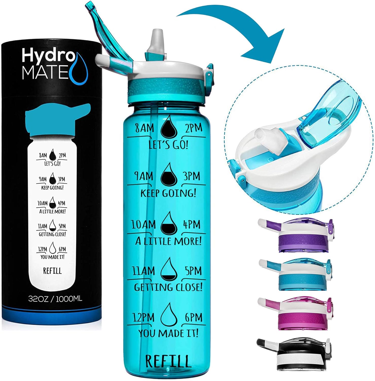 HydroMATE 32 oz Motivational Water Bottle with Time Marker BPA Free Bottle with Straw Workout Gym Fitness Bottle with Straw Track Intake & Drink More Water Hydro MATE 1 Liter 32oz