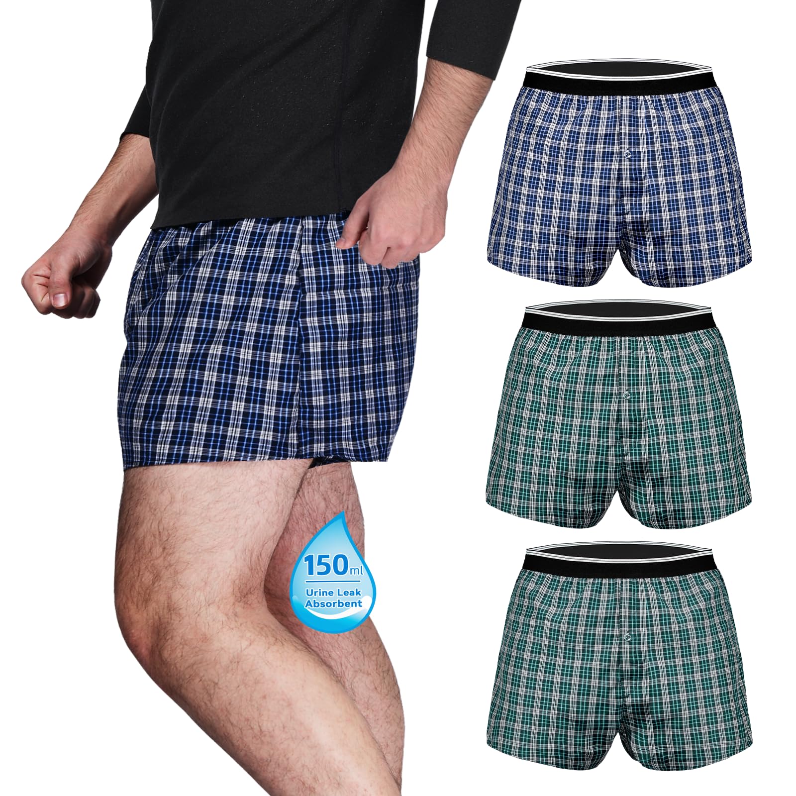 Photo 1 of ** BLACK - 5 PACK - DIFFERENT MODEL ** TIICHOO Mens Incontinence Underwear Washable Bowel Leak Proof Fecal Incontinence Boxers 3 Pack (4X-Large, 2 Green/Blue)
