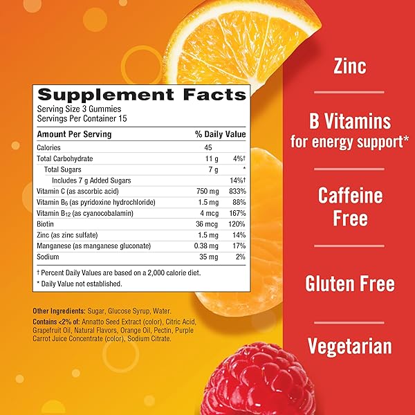 EMERGEN-C 750MG VITAMIN C GUMMIES FOR ADULTS, IMMUNITY GUMMIES WITH B VITAMINS, GLUTEN FREE, ORANGE, TANGERINE AND RASPBERRY FLAVORS, 45 COUNT (PACK OF 1)