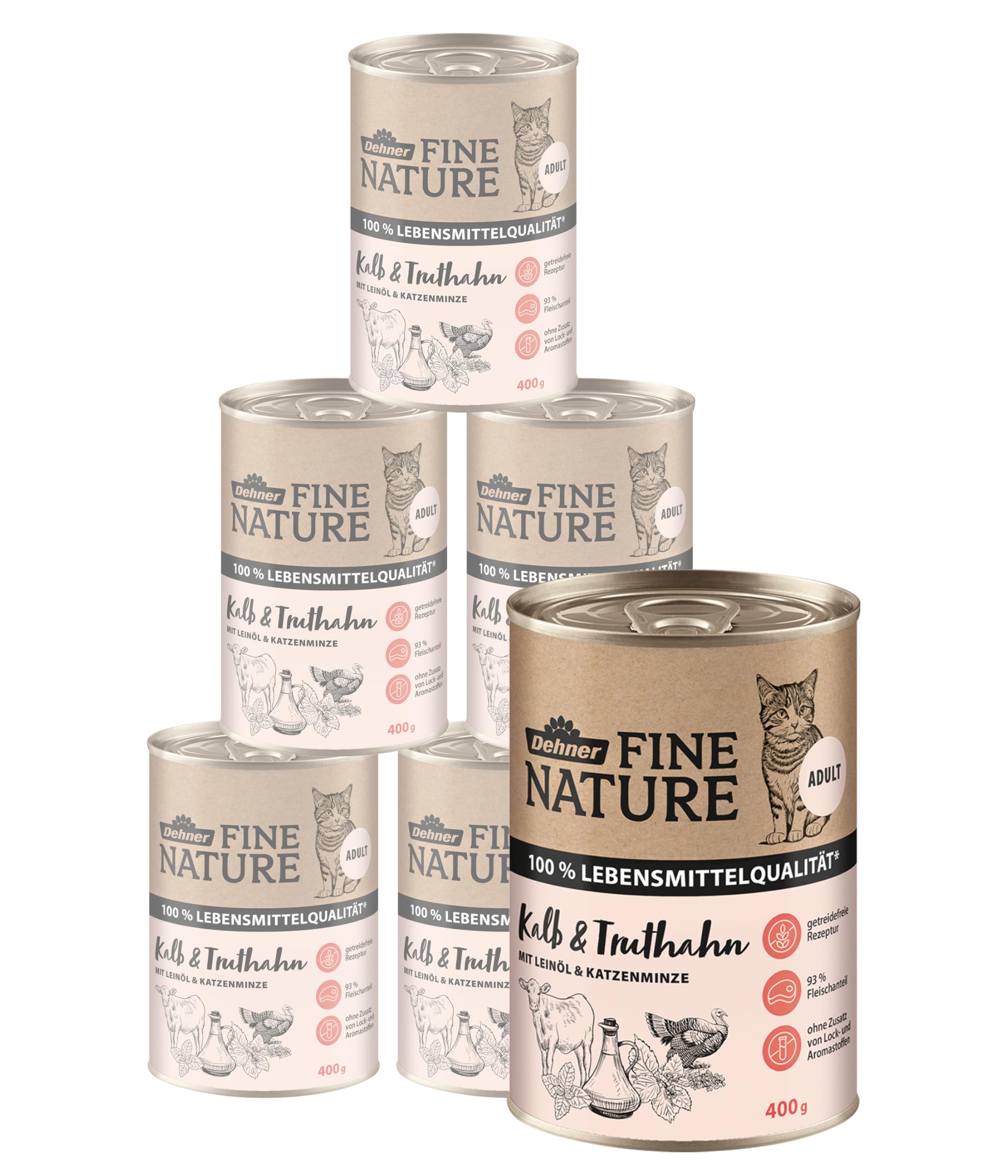 Dehner fine nature Food Grade Calf and Turkey Cat Food Adult 6 x 400 g (2400 g)