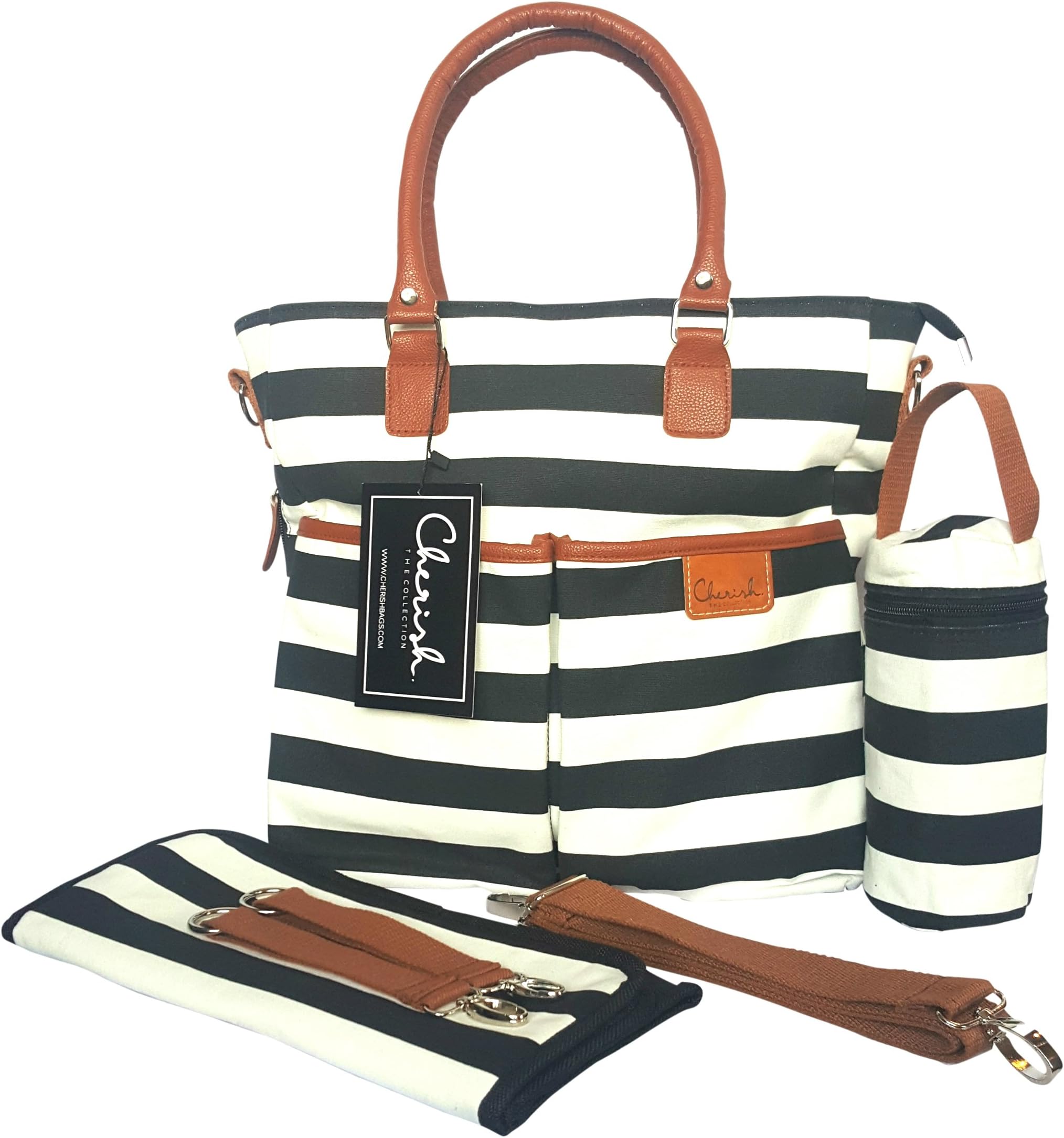 Baby Multi-Purpose Diaper Bag - Spacious, stylish trendy, Quality Cotton Canvas design by CherishBags - BONUS Padded Changing Mat, Insulated Bottle Bag and 2 Stroller Straps
