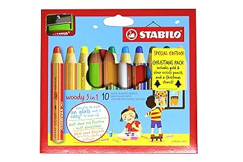 STABILO UK2/XM-880102 Woody Mehrfach-Bleistiftetui mit Spitzer und Schablone, mehrfarbig, 10 Stück