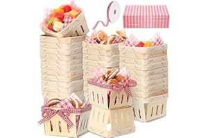 Vesici 61 Pcs/30 Sets Pint Wood Berry Basket with Wax Paper Sheets Gingham Ribbon 4 x 4 Inch Farmers Market Mini Display Basket for Blueberry Baby Shower Birthday Party Supplies Gift(Plaid,Red)