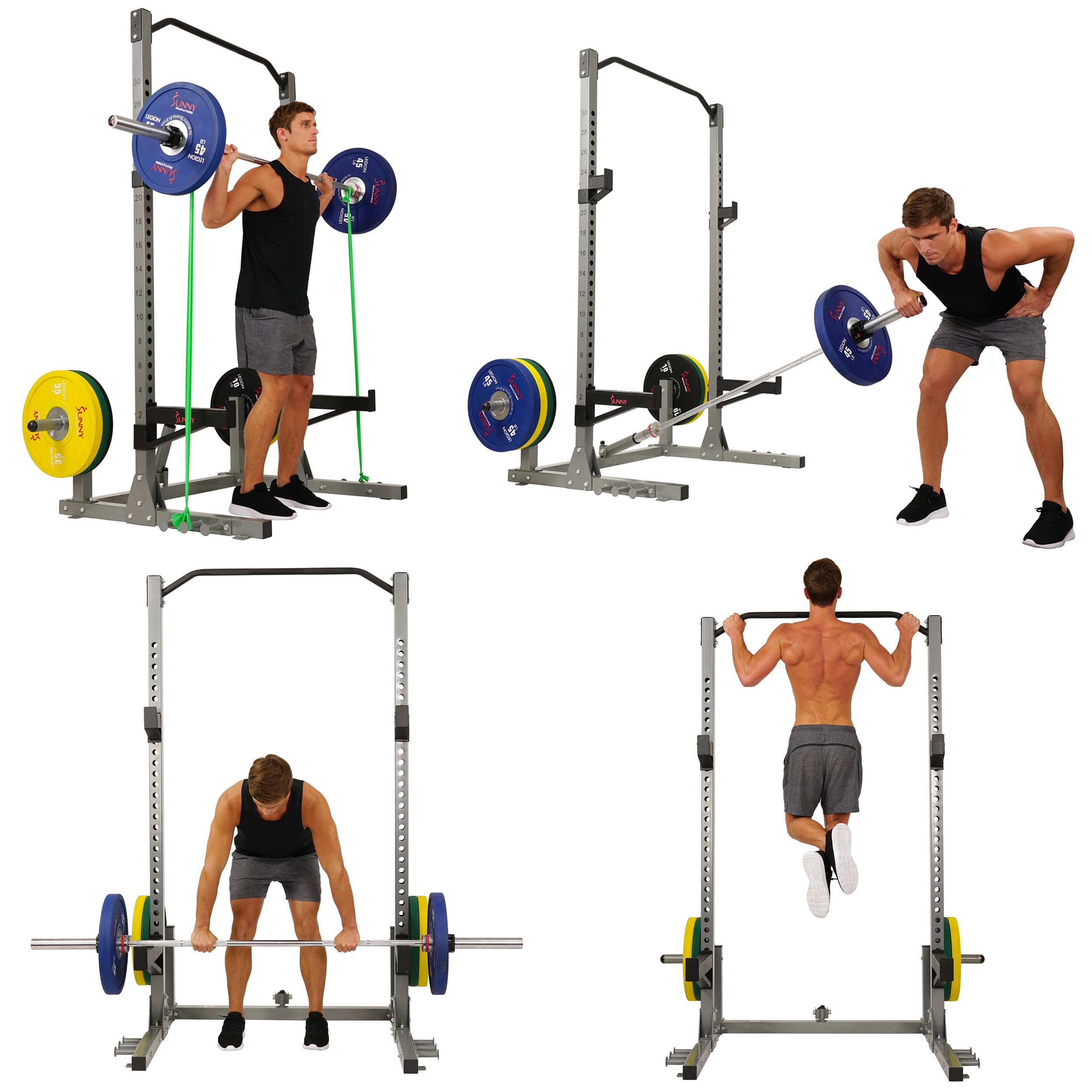 Sunny Health & Fitness Power Cage and Squat Rack In High Weight Capacity with J-Hooks, Adjustable Pull Up Bar, Weight Plate Holders, Resistance Band Posts