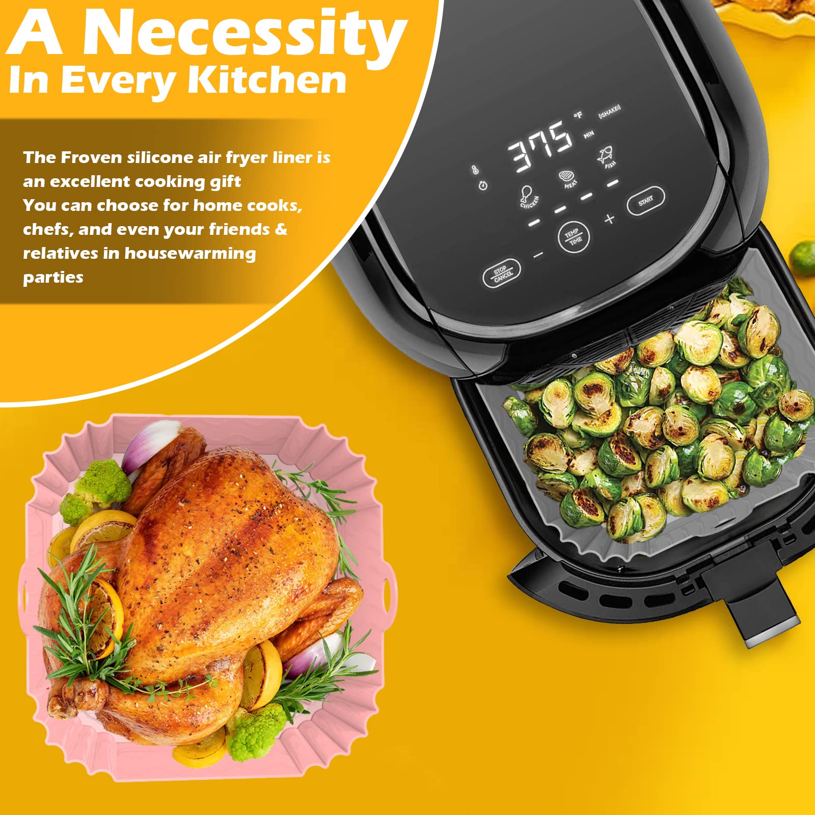 8 Inch Square Silicone Air Fryer Liners (2 Pack) Pink & Grey Reusable Non-Stick Inserts with Handles for Mess-Free Cooking & Heat Resistance – For Airfryer Ninja COSORI Instant Vortex & More