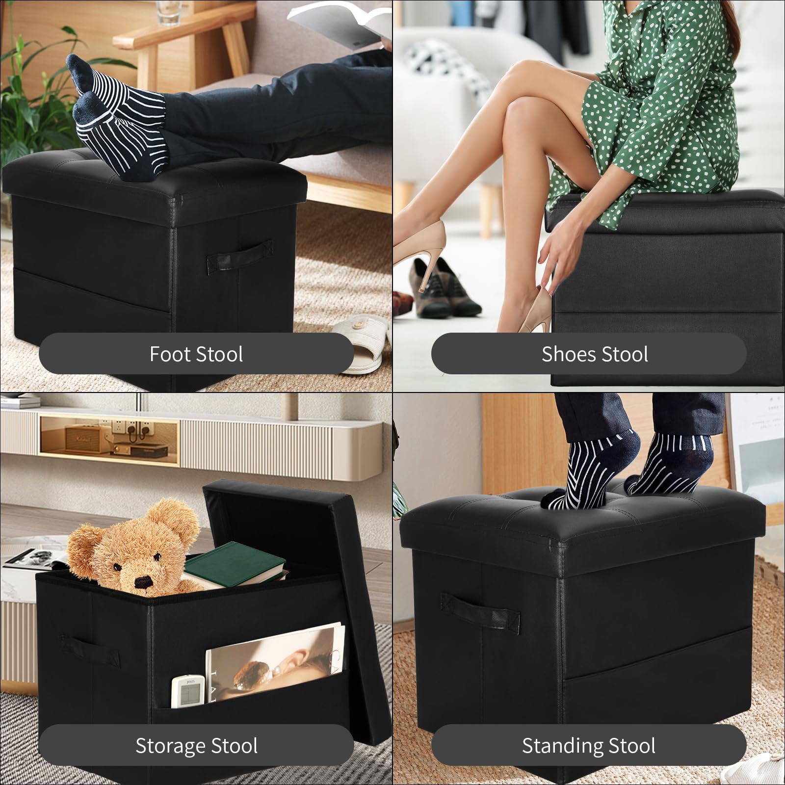 BelugaHelper Storage Ottoman Foot Rest Stool with Thicker Foam Padded Seat. Foldable Leather Footstool Bench. Small Ottoman with Storage for Living Room Bedroom Coffee Table 350 lbs, 17x13x13in, Black - Image 3