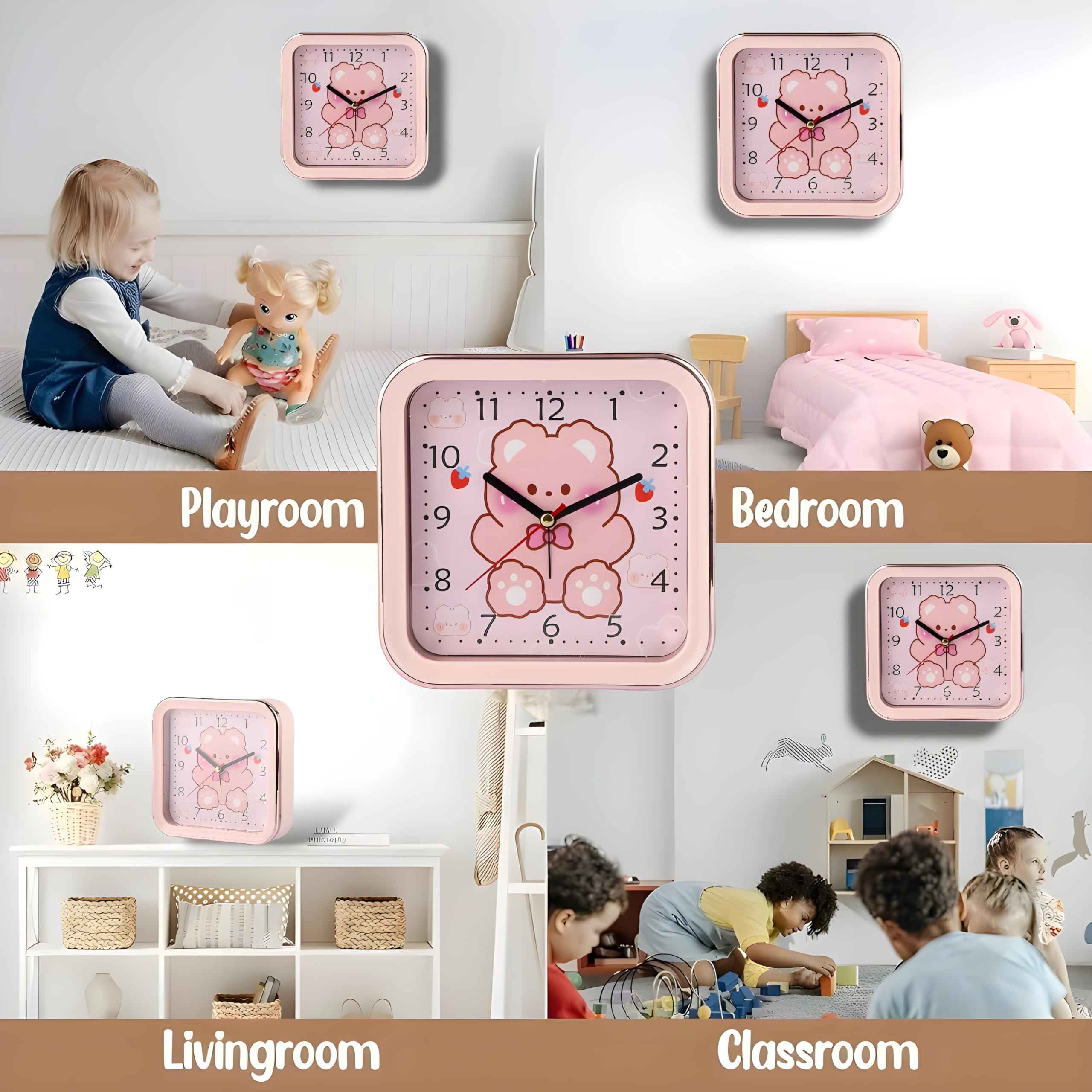 De'rons Analog Table Alarm Clock for Heavy Sleepers Alarm Clock for Study Table Funny Cute Bear Cartoon Poster Alarm Clock for Girls Kids Boys Bedroom 15 x 15 cm 4