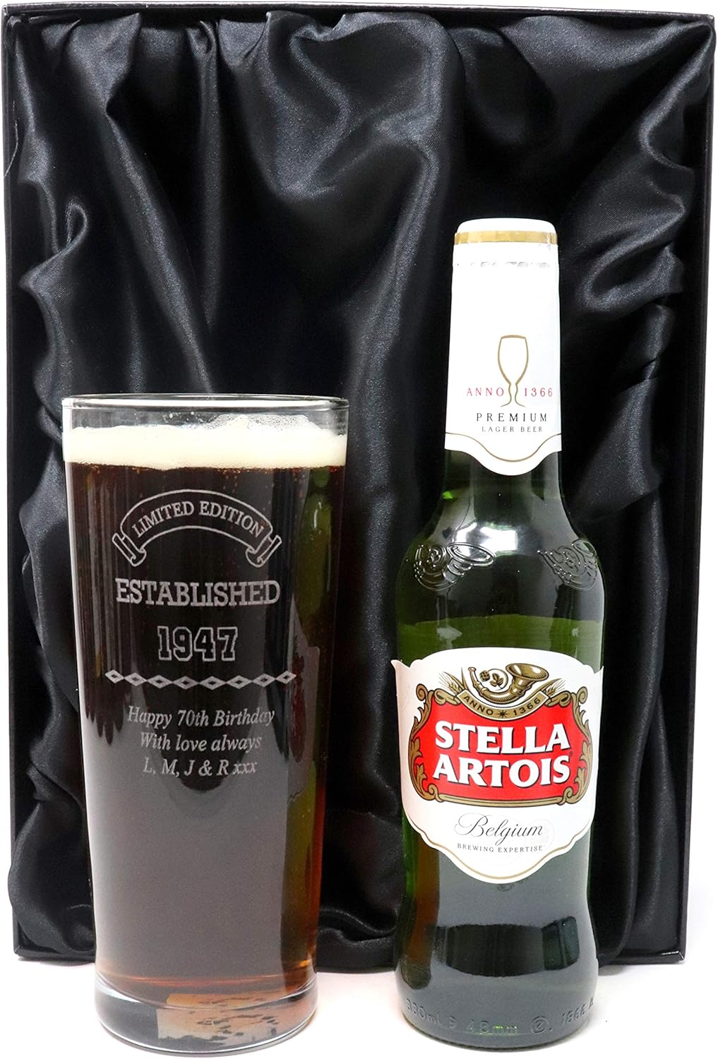 Engraved/Personalised *Beer Design* New Pint Glass & Bottle of Beer Set in Silk/Satin Lined Gift
