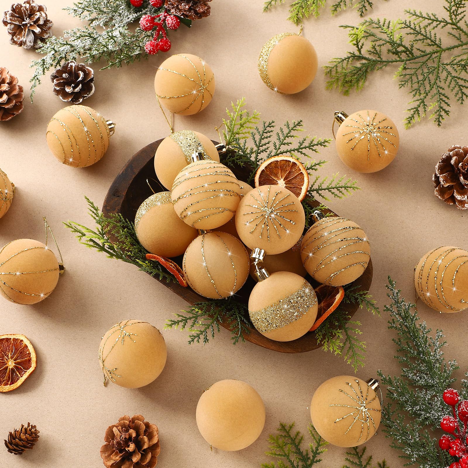 Namalu 24 Pcs Velvet Glitter Christmas Ball Ornaments Bulk 2.36" Shatterproof Christmas Tree Ball Ornaments Xmas Balls Set for Holiday Wedding Thanksgiving Halloween Party Decor(Champagne)