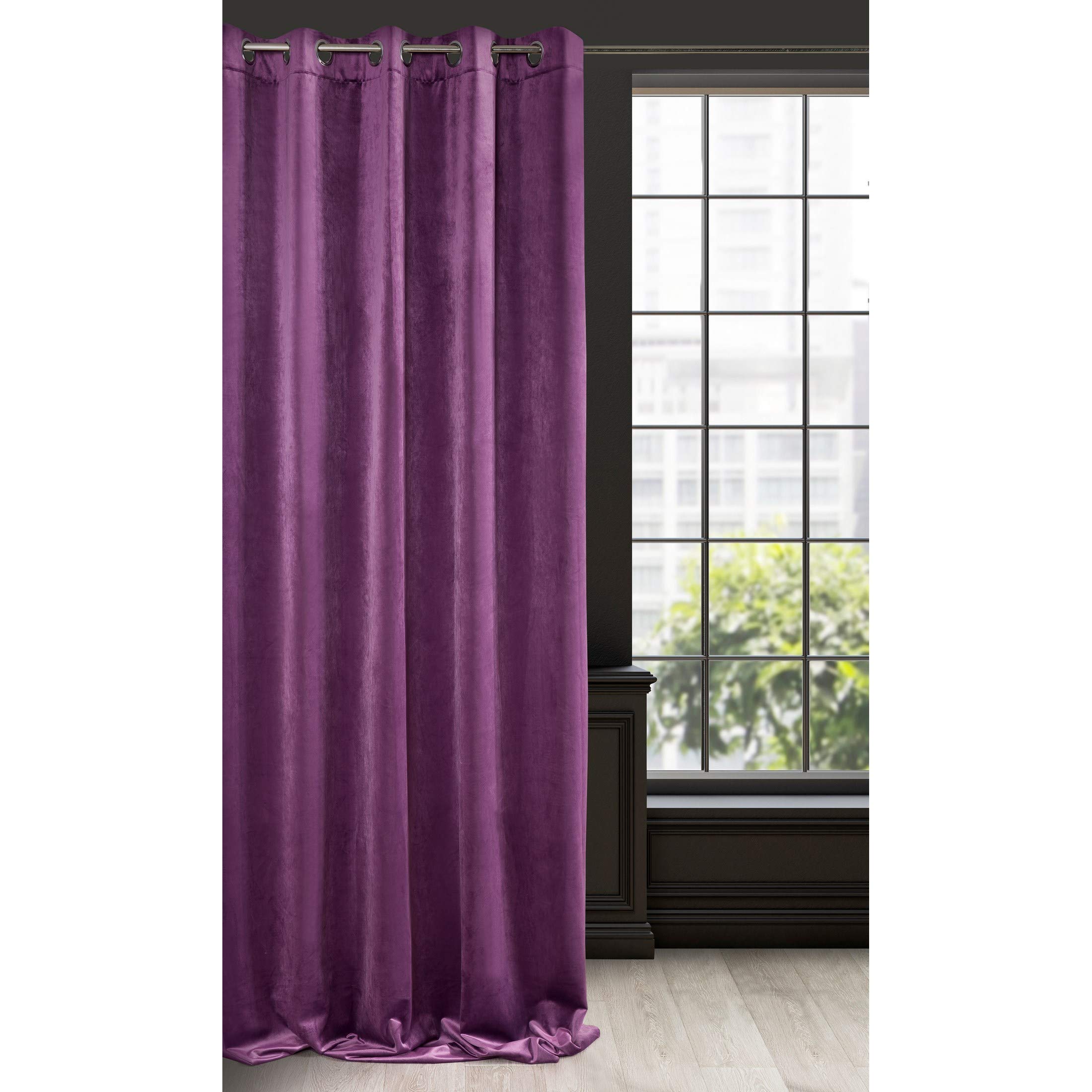 Eurofirany Soft Plain Opaque Velvet Curtain with Eyelets - 1 Unit, Thick Fluffy Panel Drape Classic Glamour Elegant Living Room Bedroom, W55'' x L98.4'', 140x250 cm, Purple