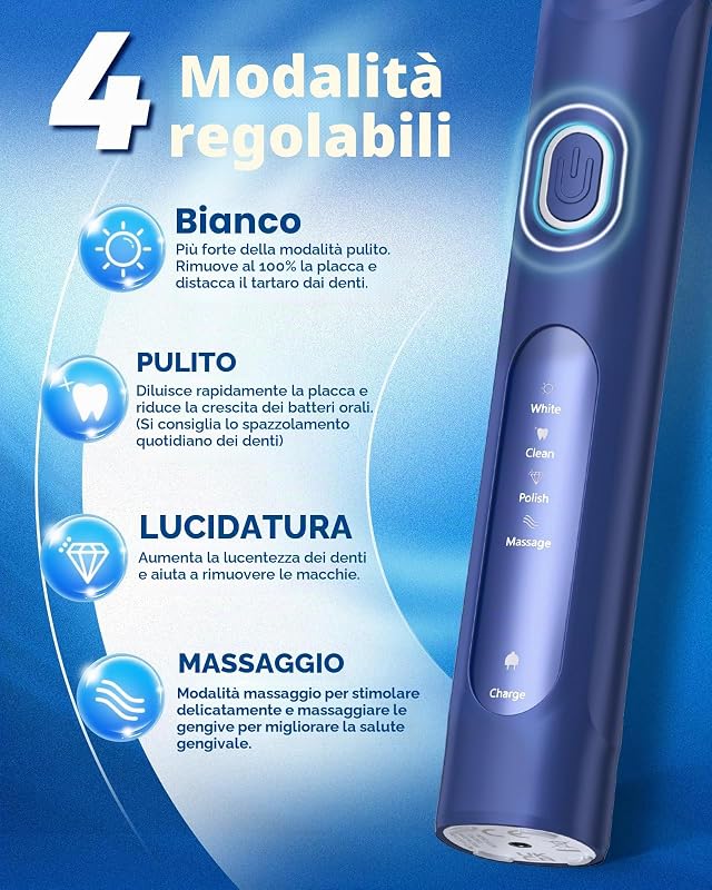 Spazzolino elettrico rotante per adulti con 8 testine (2 tipi) di potenza ricaricabile e 2 minuti di tempo intelligente, 4 modalità (Blunavy)