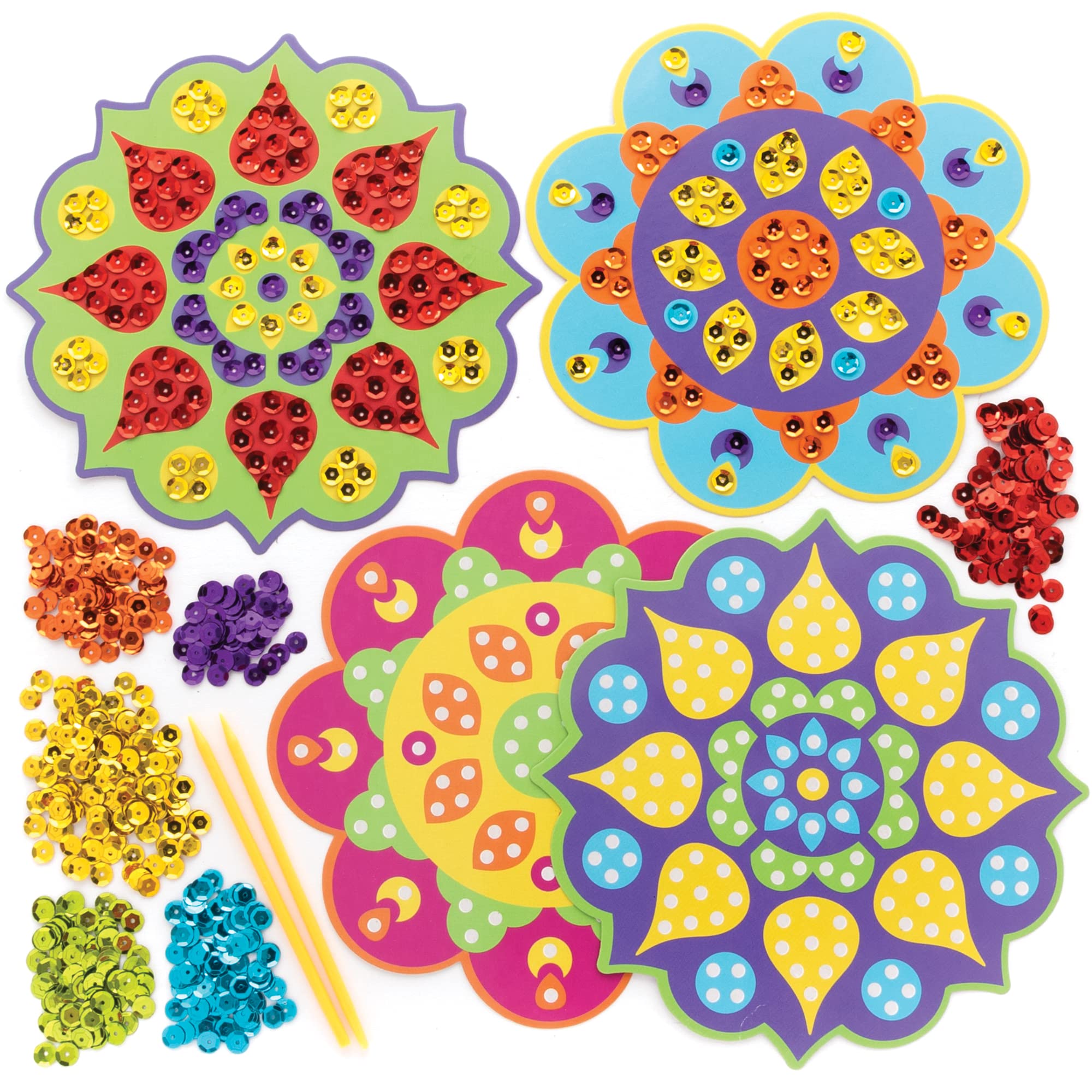 Baker Ross FE840 Rangoli Sequin Craft Kits - Pack of 4, Make Your Own Childrens Art Set,Blue,Green,Orange,Purple,Red