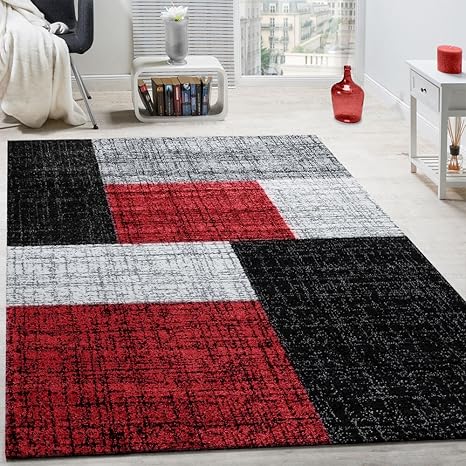 Paco Home Designer Teppich Modern Kariert Kurzflor Teppich Design Meliert Grau Schwarz Rot, Grösse:140x200 cm