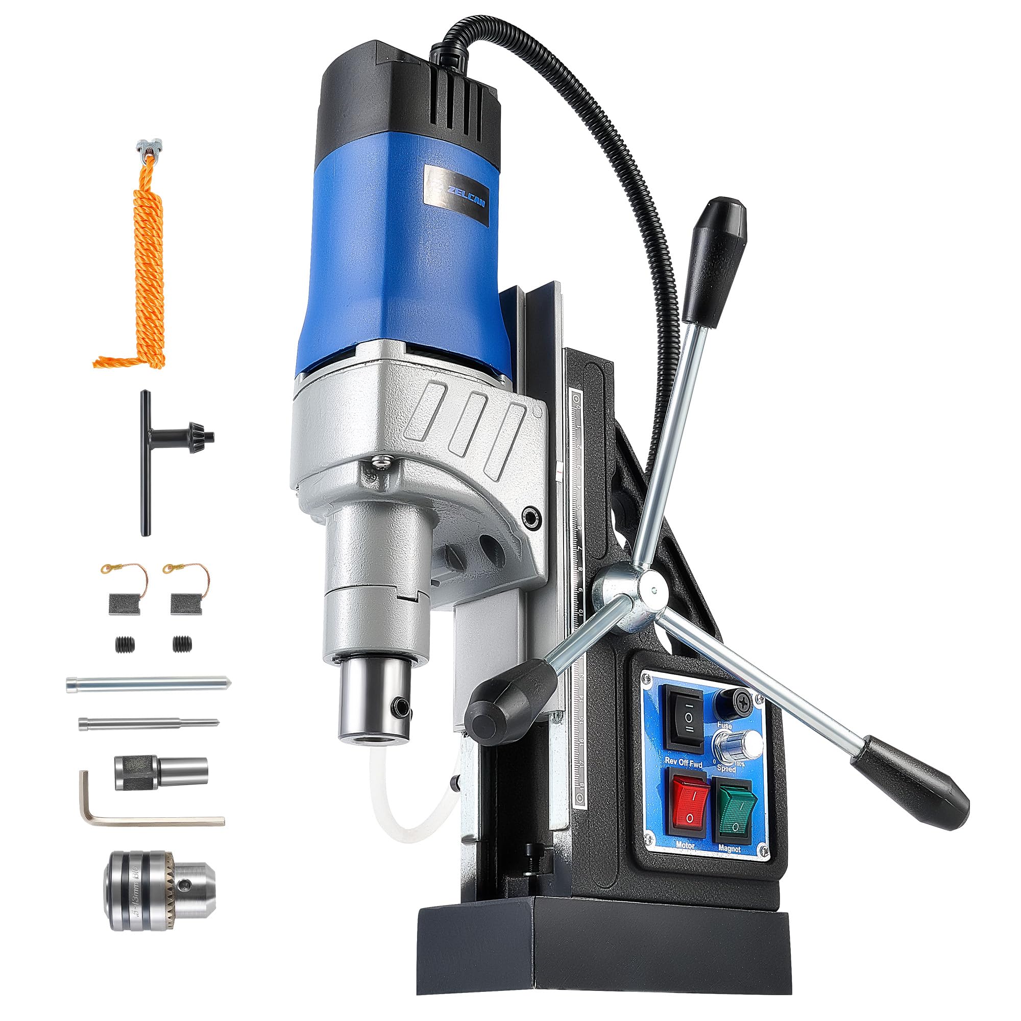 ZELCAN Taladro magnético portátil de 1550 W con diámetro de perforación de 2 pulgadas, velocidad continua de 0 a 580 rpm y dirección reversible, perforadora eléctrica Mag Force de 2922 lbf para superficie de metal