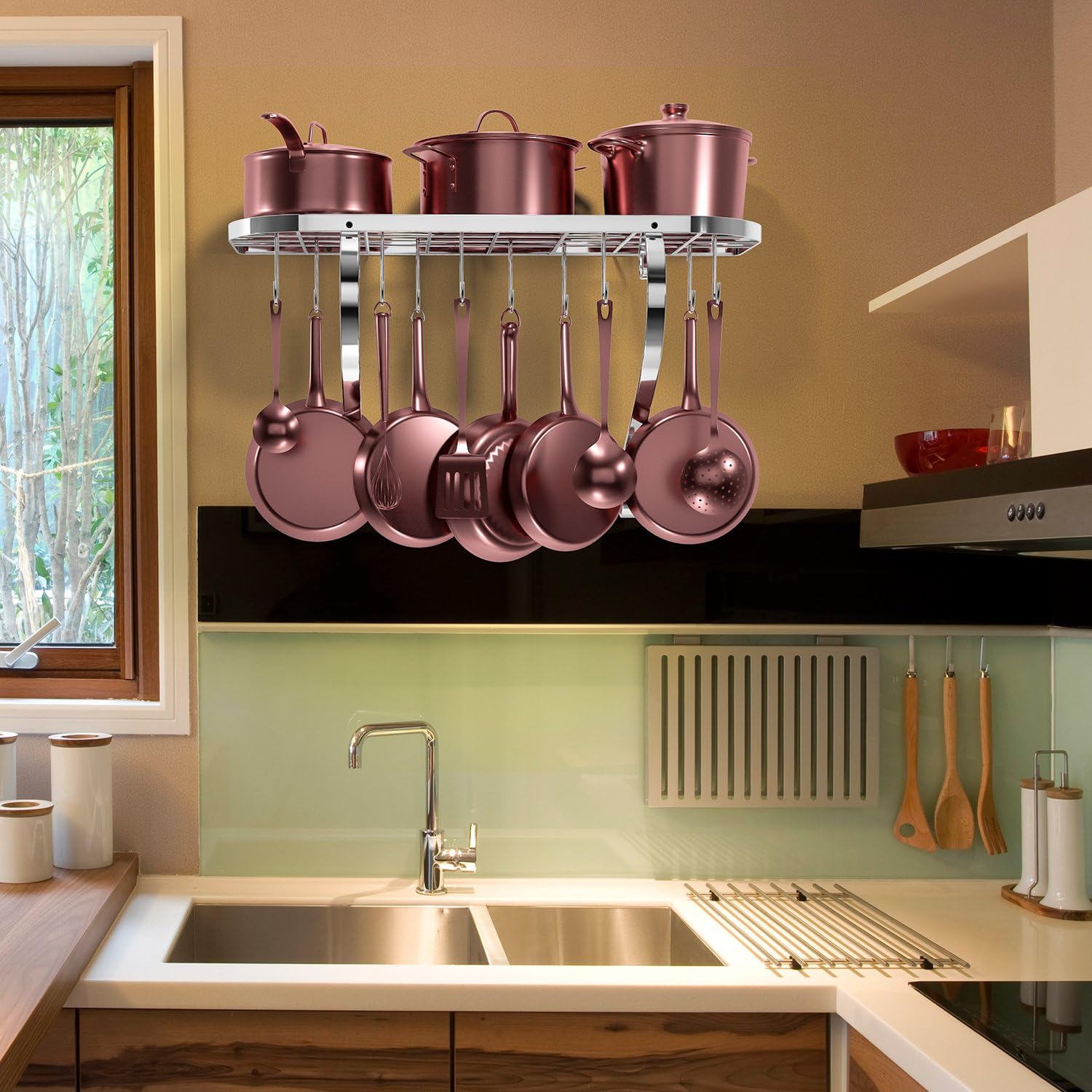 VDOMUS Square Grid Wall Mount Pot Rack, Bookshelf Rack with 10 Hooks, Kitchen Cookware, 24 by 10-inch (Sliver): Kitchen & Dining