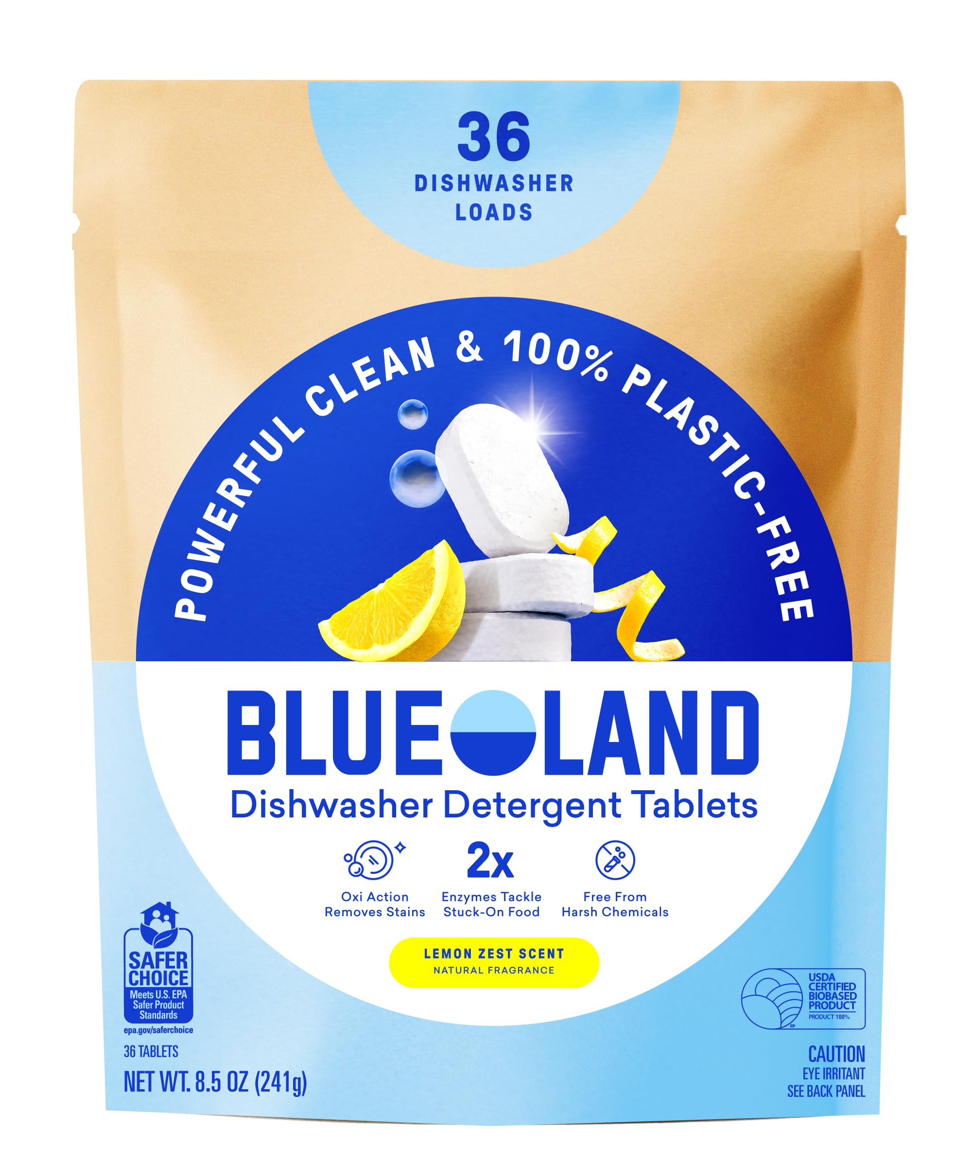 BLUELAND 100% Plastic-Free Dishwasher Detergent Tablets, 36ct, Lemon Zest
