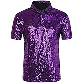 Lars Amadeus Sequin Polo for Men's Sparkle Short Sleeves Club Party Shiny Golf Shirts