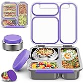 Stainless Steel Bento Box Kids Adult with 7oz Soup Thermo, Transparent Lid 3 Compartments Metal Bento Lunch Box with Insulated Food Jar,Lunch Box Container Sauce Cup for School,BPA-Free(Purple)