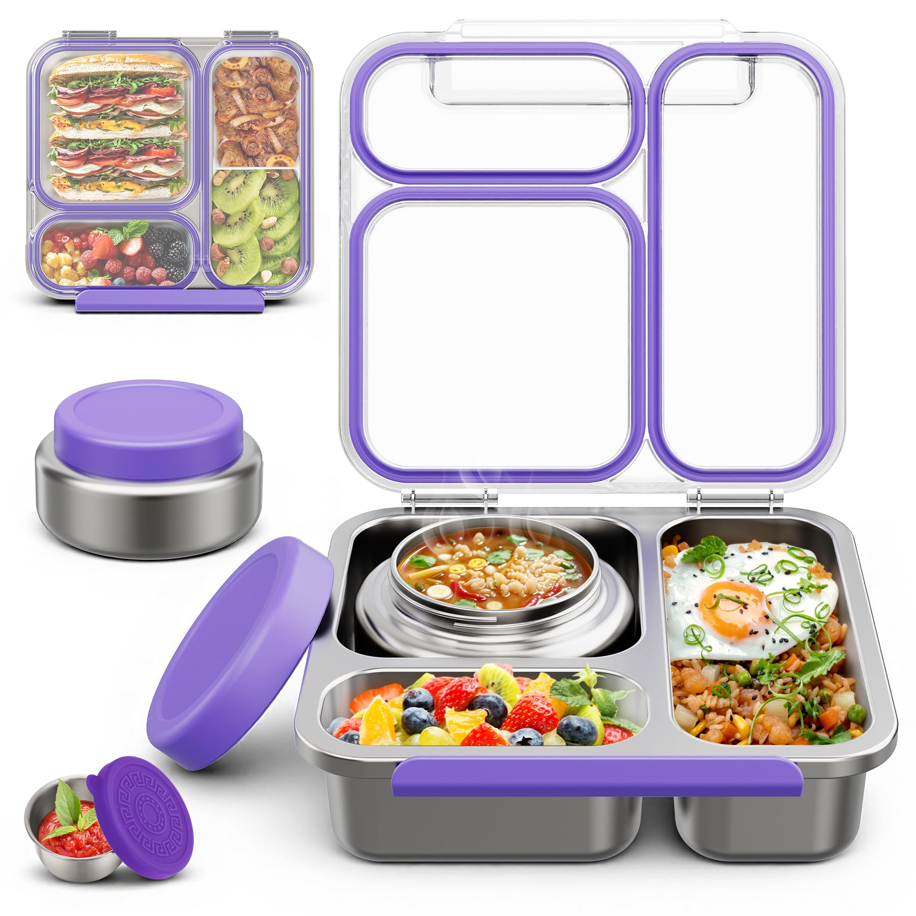 Photo 1 of ***FACTORY SEALED*** Stainless Steel Bento Box Kids Adult with 7oz Soup Thermo, Transparent Lid 3 Compartments Metal Bento Lunch Box with Insulated Food Jar,Lunch Box Container Sauce Cup for School,BPA-Free(Purple)