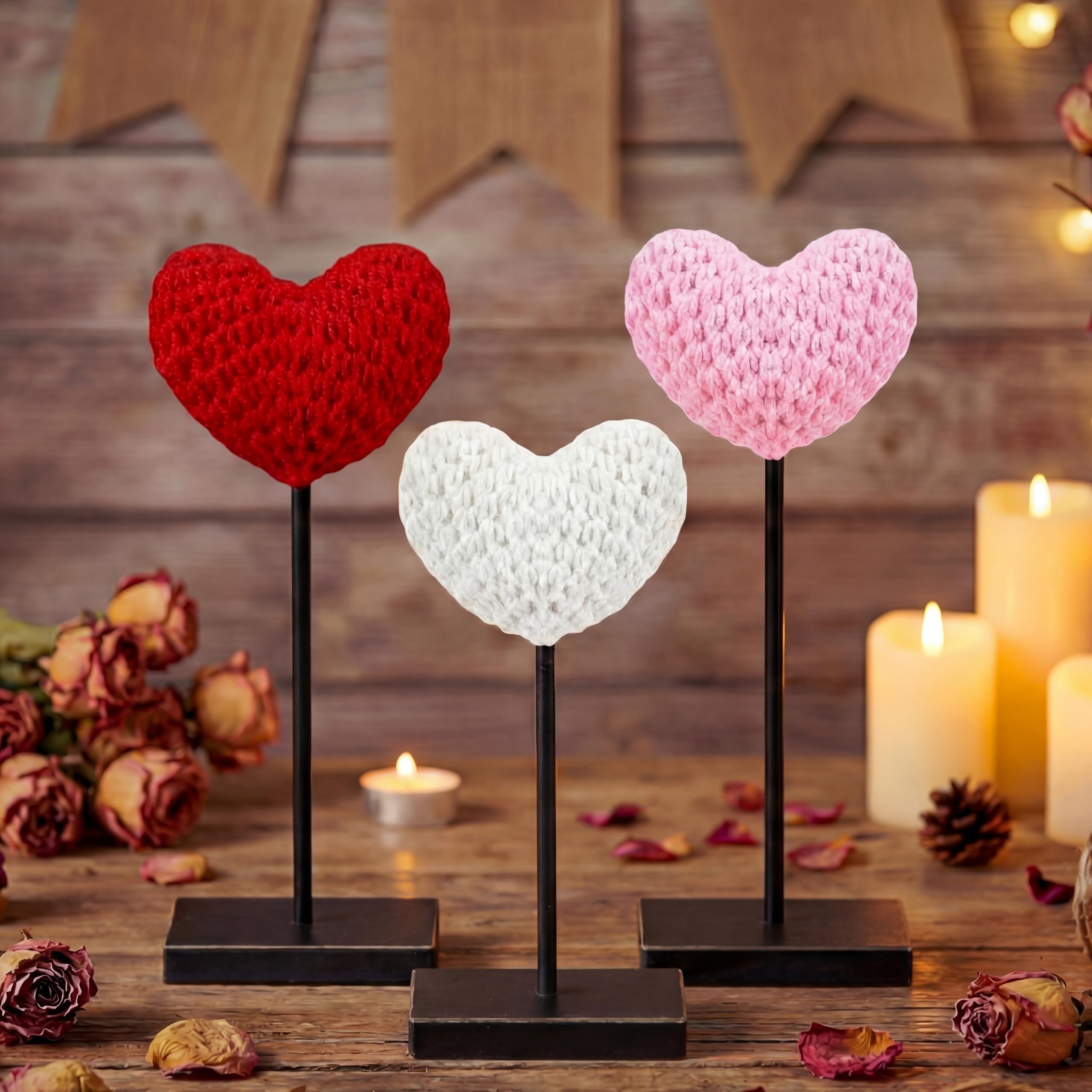 Photo 1 of Yousoontic 3 Pack Valentine's Day Table Decor Crochet Heart Sign Centerpiece Knitted Woven Heart Shape Tall Standing Tabletop Sign for Valentines Tiered Tray Home Wedding Decoration(Multicolor)
