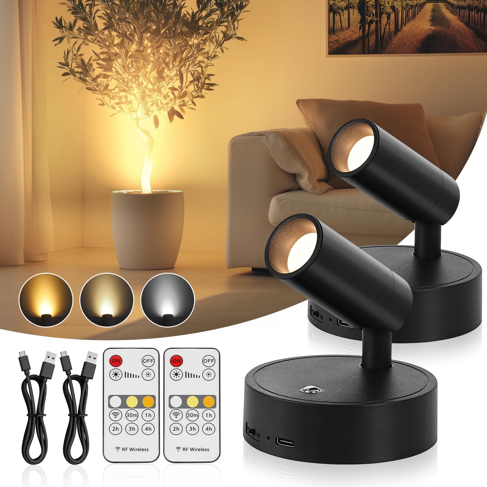 Photo 1 of TaoFiaCo Spotlight Indoor, Wireless Uplighting Indoor with Remote Dimmable, 350° Rotate, Battery Powered Ceiling Spotlight for Artwork Painting Tree Plant Picture Lights, 2 Pack