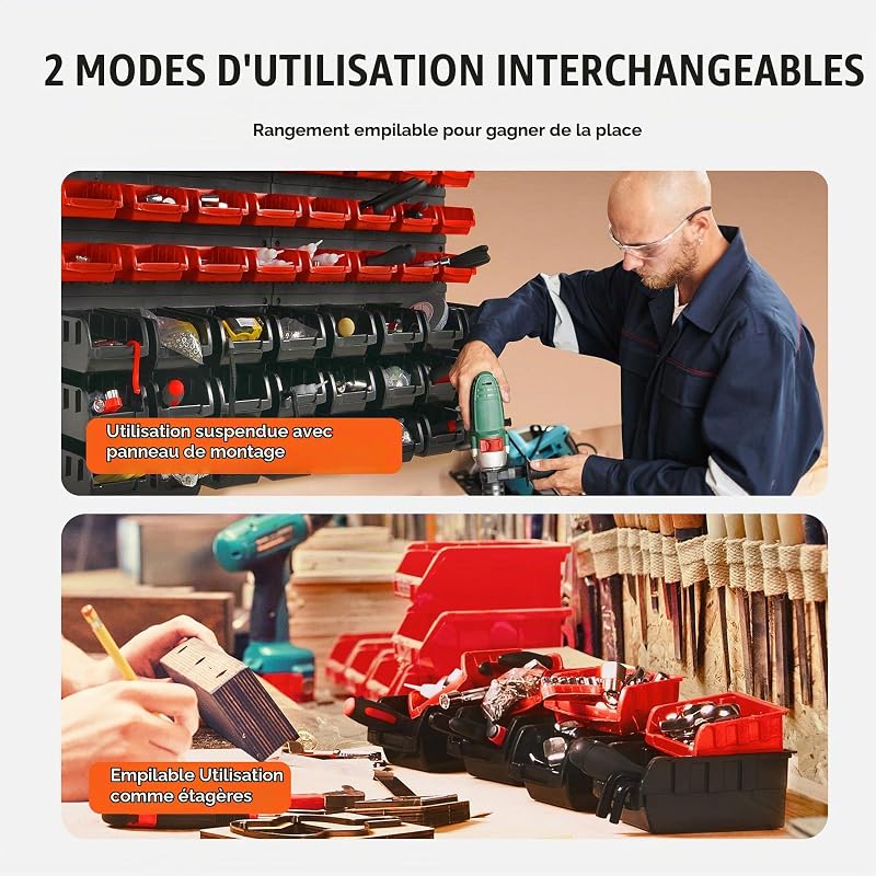 Étagère Bac à Bec Plastique, 48 Boites Rangement Empilables Atelier Garage avec Panneaux Muraux, Organisateur Outils pour Écrous, Boulons, Vis, Clous, Perles, Boutons, Petites Pièces, Noir/Rouge