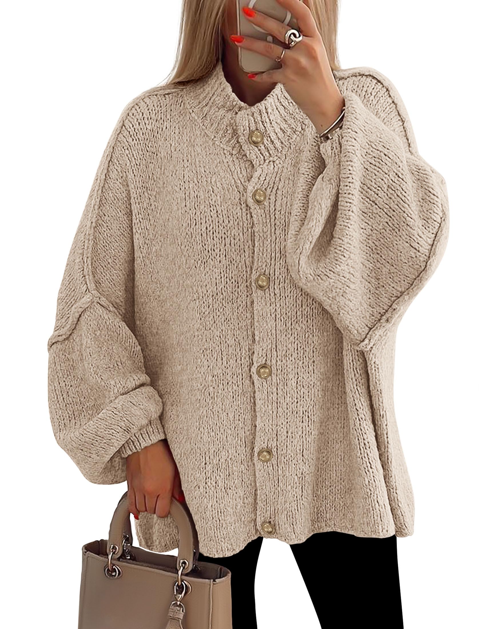 Photo 1 of PRETTYGARDEN Women's Winter Button Down Cardigan Sweaters Mock Neck Lantern Long Sleeve Chunky Knit Jacket Trendy Outerwear (Light Khaki,Large)