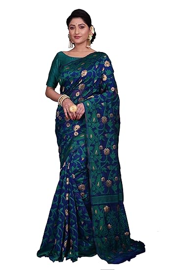 Women's Silk Cotton Woven Jamdani Saree with Blouse Piece (Navy Blue and Green)