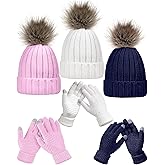 Haysandy 6 Pcs Winter Beanie Hat Gloves Set for Women Warm Knitted Hat Skull Cap with Pom Pom and Touchscreen Glove for Women