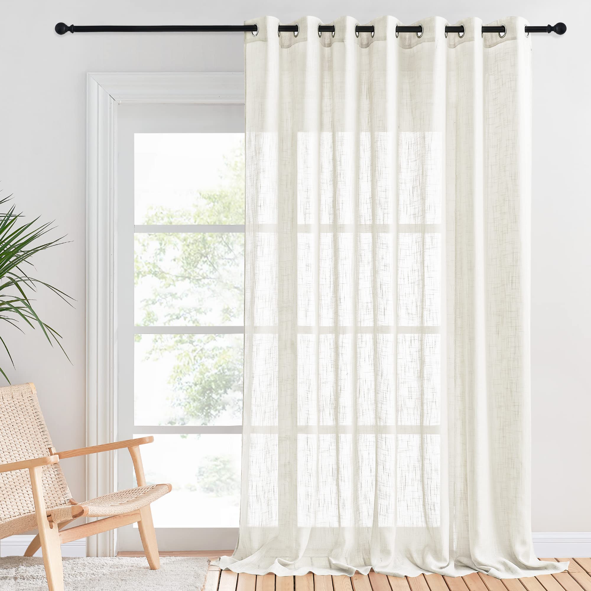 PONY DANCE Extra Wide Net Curtain for Living Room - Room Divider Voile Curtain with Eyelet Top 1 Panel Semi Transparent Linen Texture Drape in Country Style, 100 x 102 Inches, Light Beige — image 1