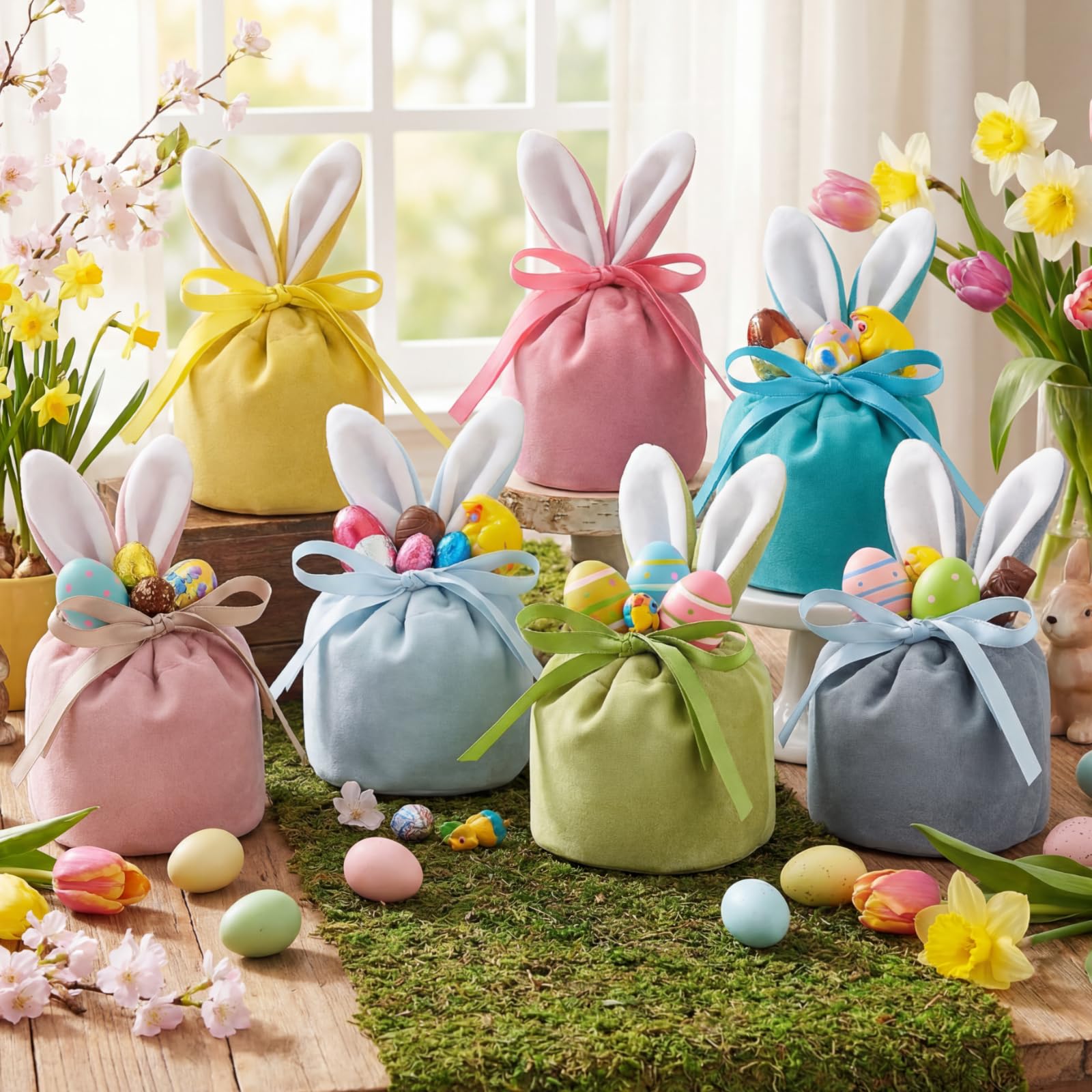 Photo 1 of Funtery Easter Bunny Gift Bags Bunny Birthday Decoration Rabbit Ear Velvet Bags with Drawstrings 4.7 x 3.7 Inch Gift Pouches Party Favors for Baby Kid Basket Candy Treat Jewelry, 6 Color(12 Pcs)