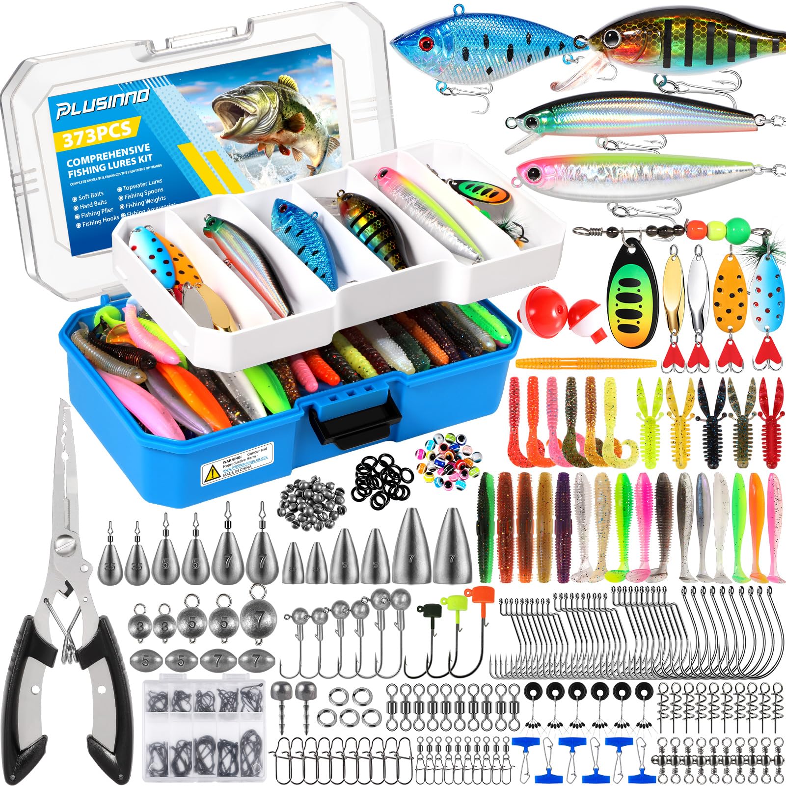Photo 1 of PLUSINNO Fishing Tackle Box with Tackle Included, 373PCS Fishing Lures Kit with Removable Tray, Fishing Gear with Pliers, Weights, Hooks, Accessories, Fishing Tackle Lure Kit Gifts for Men Bass Trout