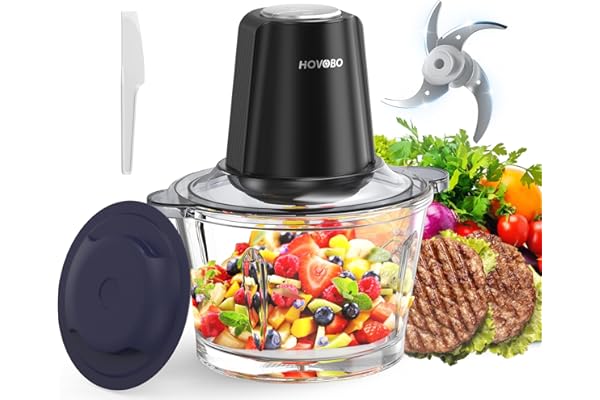 HOVOBO Food Processor Electric Meat Grinder 500W Food Chopper with 8 Cup 2L Glass Bowl & 4 Large Sharp Blades 2 Speed for Veg