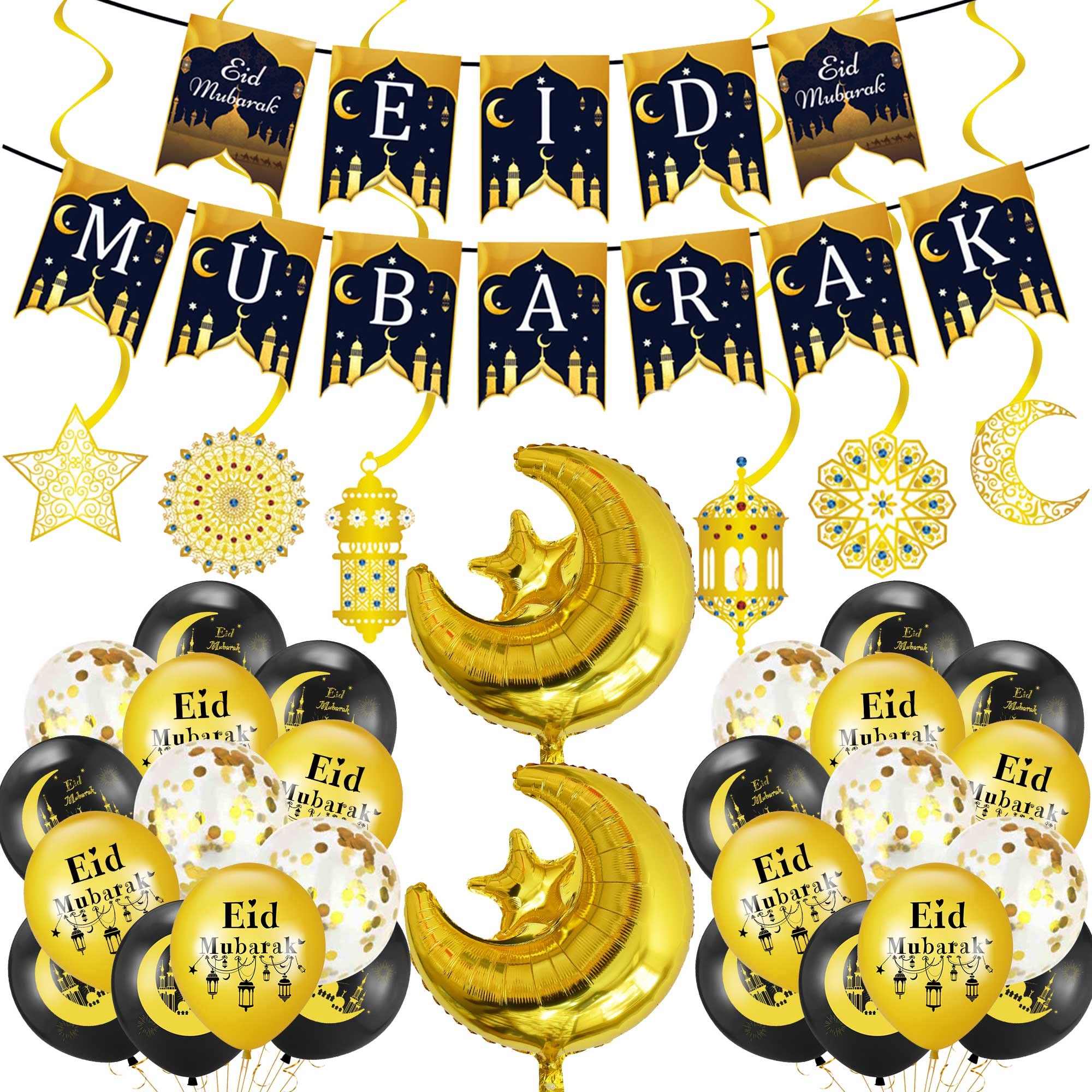 Kesteey Eid Mubarak Party Decorations Set 41Pcs Ramadan Mubarak Banner Star Moon Foil Balloon Black Gold Latex Balloons Confetti Balloons and Hanging Swirls for Eid Mubarak Themed Party