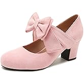 Women's Mary Jane Pumps with Bow, Block Heel, Closed Round Toe, Vintage Style