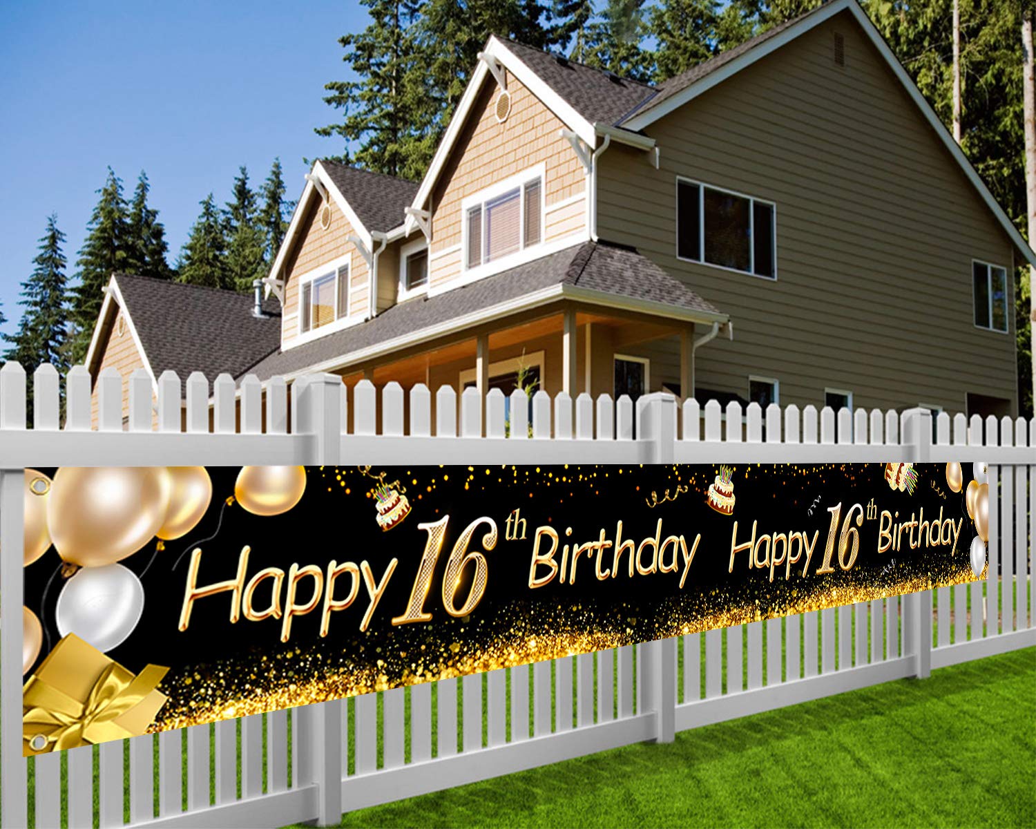 HOWAF Long Happy 16th Birthday Banner Decoration Black Gold, Banner for 16th Birthday Decoration Backdrop Garden Table Wall, Fabric, 9 * 1.2 Ft