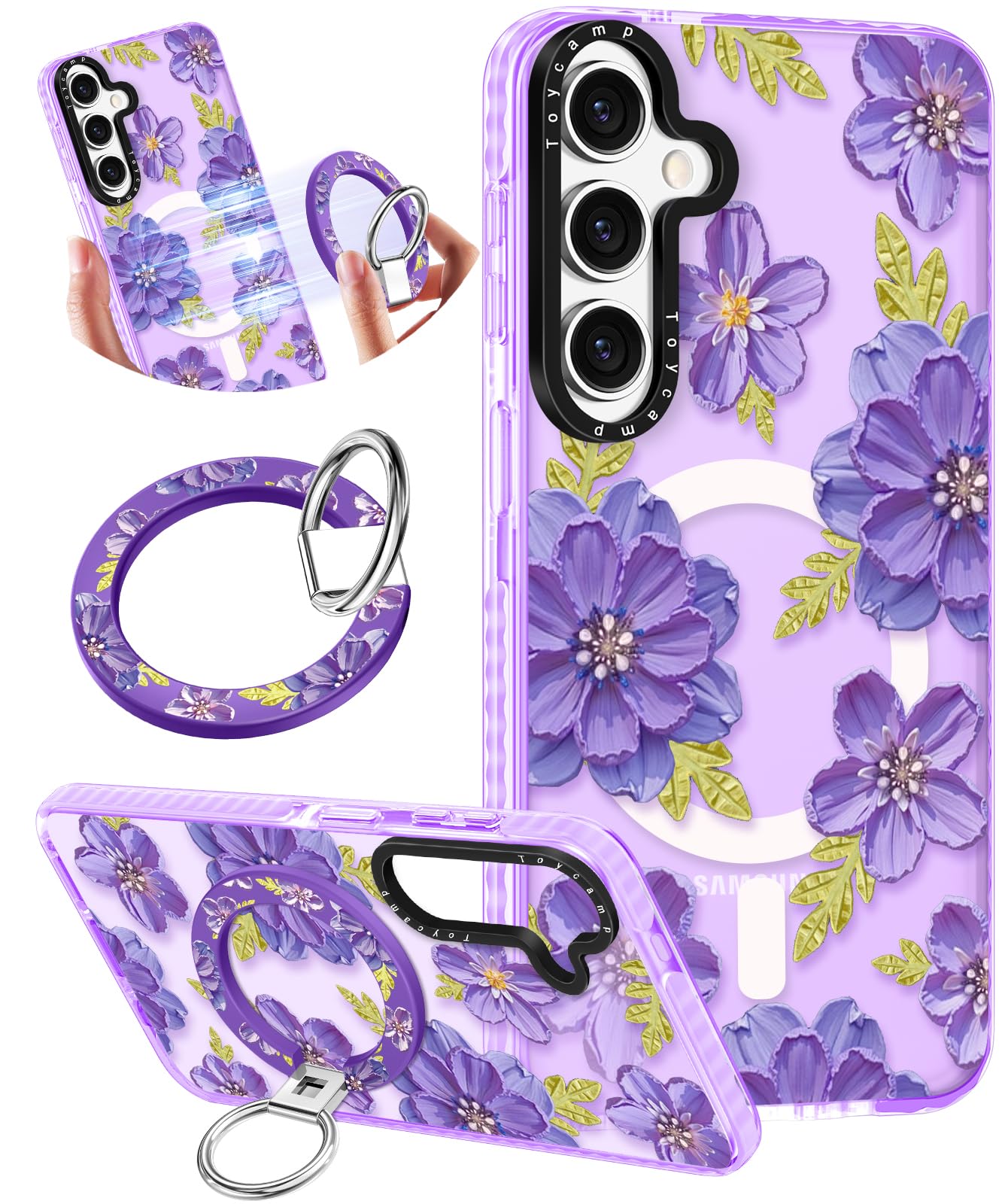 Toycamp for Samsung Galaxy S25 Case Compatible with Magsafe - Cute Design 360°Magnetic Ring Holder Stand Kickstand Funny Vt Flower Girly Pretty Fashion TPU Phone Covers for Women Tenn Girls