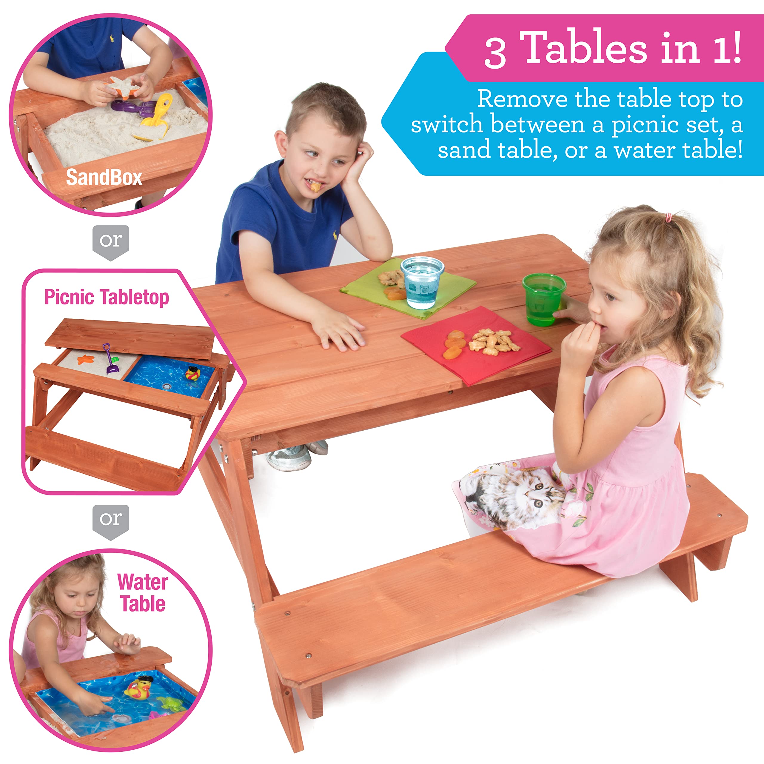 Svan 3 in 1 Sand & Water Indoor/Outdoor Picnic Table - Kids Activity Set with Removable Top & Dual Drains for Easy Cleaning (43 X 35 X 19)- Safe & Fun Sandbox Play- Wooden Playbox Boys Girls Gift
