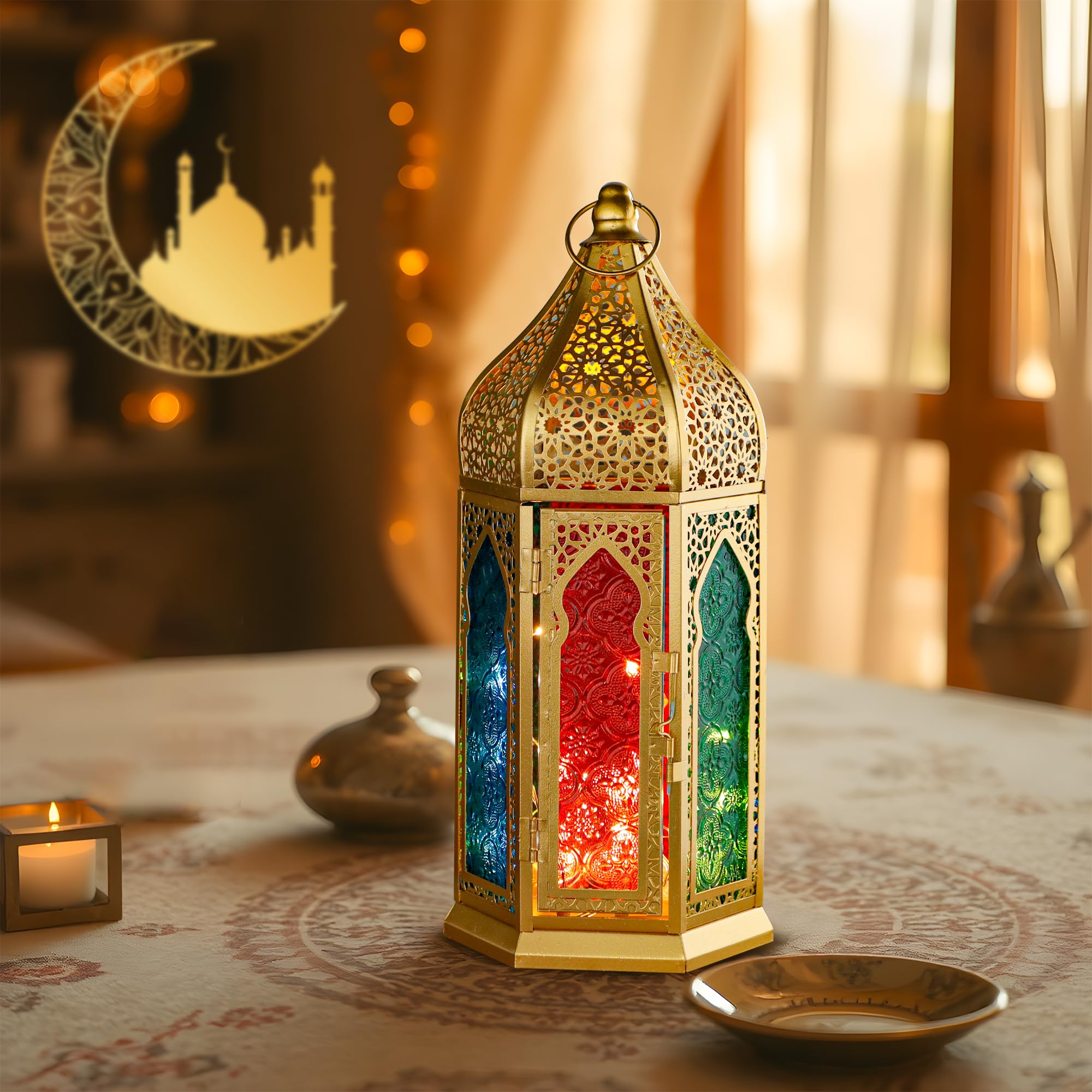 Photo 1 of TRIROCKS Moroccan Lantern – 12'' Gold Hexagonal Candle Lantern with Tempered Glass & Hollow-Out Design, Decorative Indoor Outdoor Ramadan Lantern for Garden Yard Patio Wedding Parties Events