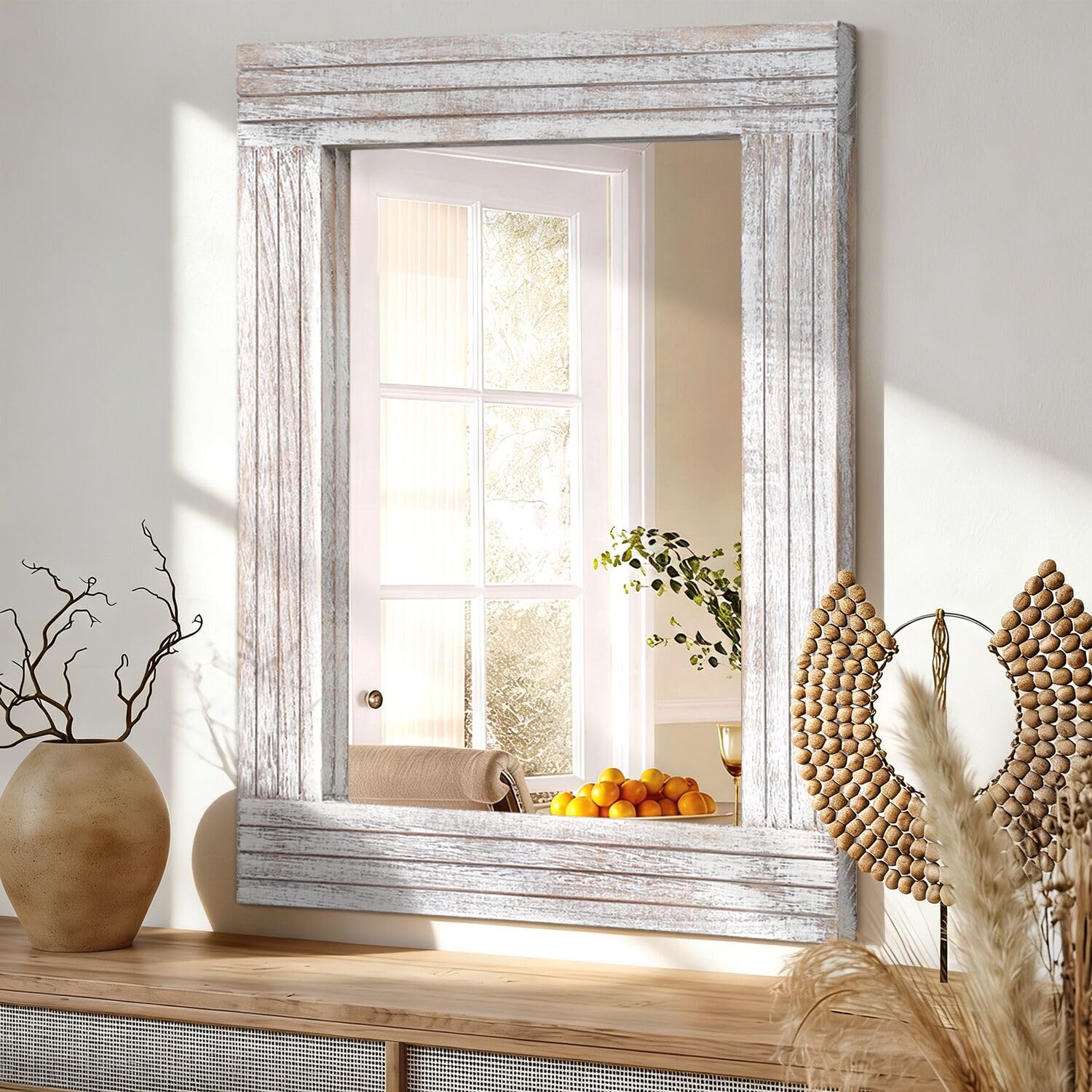 HLFMVWE Mirrors for Wall Rustic Wooden Frame Rectangle Mirror Vintage Hanging Mirrors for Bedroom Bathroom Living Room Farmhouse White Small 30x40cm