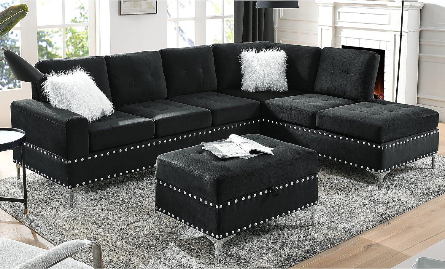 Olodumare Living Room Furniture Sets, L-Shape Sectional 5-Seater Sofa with Extra Wide Reversible Chaise, Storage Ottoman and Cup Holders and Copper Nails, 2 Pillows, Black