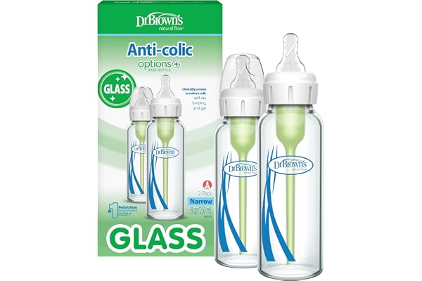 Dr. Brown’s Natural Flow Anti-Colic Options+ Narrow Glass Baby Bottles, 8oz, 2-Pack