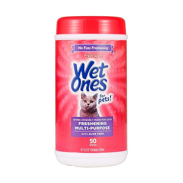 WET ONES FOR CATS FRESHENING WIPES, MULTI-PURPOSE CAT GROOMING WIPES WITH ALOE VERA, HELPS REMOVE DIRT, ODOR, AND DANDER BETWEEN BATHS, FRESH SCENT, 50 COUNT