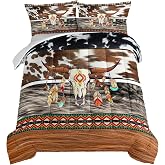 HOSIMA Western Bedding Longhorn Skull Comforter 3 Pieces,Western Highland Cowhide Print Bedding for Boys Teens Soft Microfiber Fluffy Comforter Full Size Farmhouse Style Room Decor Aesthetic.