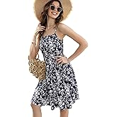 Women's Summer Dresses Spaghetti Strap Sleeveless Beach Floral Sundress with Pockets A Line Flowy Casual Smocked Midi Dress